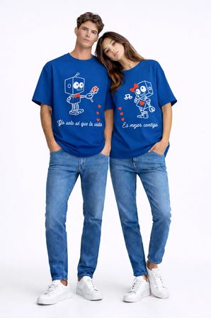 sevgili kombini robot baskılı çift tişört oversize unisex partner kombin seti