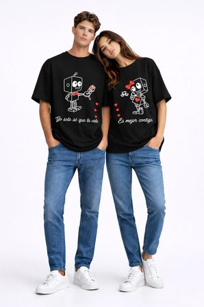 sevgili kombini robot baskılı çift tişört oversize unisex partner kombin seti