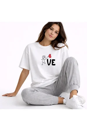 Sevgili Kombini Love Baskılı Çift Tişört Oversize Unisex Partner Kombin Seti