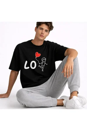 Sevgili Kombini Love Baskılı Çift Tişört Oversize Unisex Partner Kombin Seti