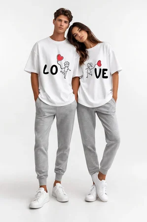 Sevgili Kombini Love Baskılı Çift Tişört Oversize Unisex Partner Kombin Seti