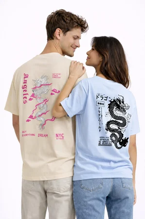 sevgili kombini dragon baskılı çift tişört oversize unisex street partner kombin seti