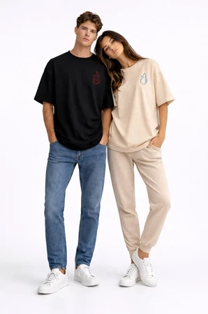 Sevgili Kombini Ateş Su Minimal Çift Tişört Oversize Unisex Partner Kombin Seti