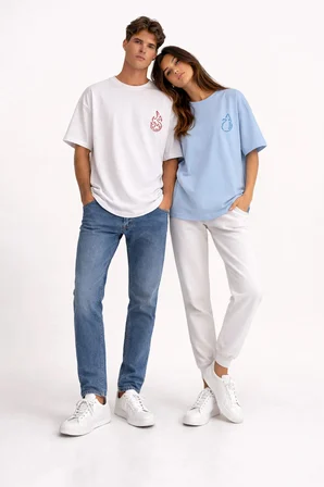 Sevgili Kombini Ateş Su Minimal Çift Tişört Oversize Unisex Partner Kombin Seti