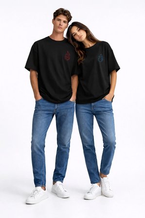 Sevgili Kombini Ateş Su Minimal Çift Tişört Oversize Unisex Partner Kombin Seti