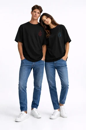 Sevgili Kombini Ateş Su Minimal Çift Tişört Oversize Unisex Partner Kombin Seti