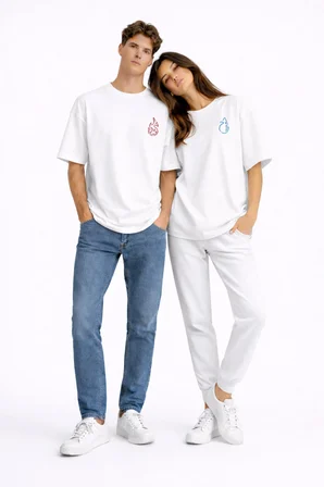 Sevgili Kombini Ateş Su Minimal Çift Tişört Oversize Unisex Partner Kombin Seti