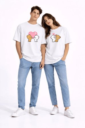 Sevgili Kombini Ayıcık Kalp Baskılı Çift Tişört Oversize Unisex Partner Kombin Seti