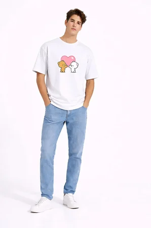 Sevgili Kombini Ayıcık Kalp Baskılı Çift Tişört Oversize Unisex Partner Kombin Seti
