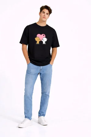 Sevgili Kombini Ayıcık Kalp Baskılı Çift Tişört Oversize Unisex Partner Kombin Seti