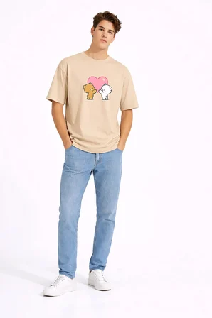 Sevgili Kombini Ayıcık Kalp Baskılı Çift Tişört Oversize Unisex Partner Kombin Seti
