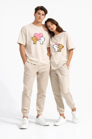Sevgili Kombini Ayıcık Kalp Baskılı Çift Tişört Oversize Unisex Partner Kombin Seti