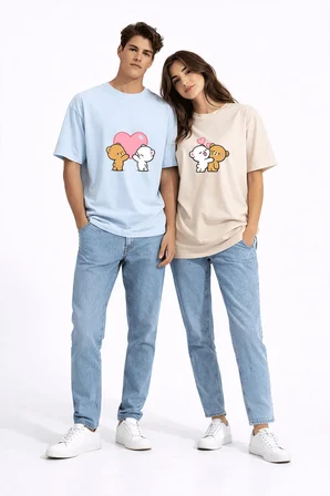 Sevgili Kombini Ayıcık Kalp Baskılı Çift Tişört Oversize Unisex Partner Kombin Seti