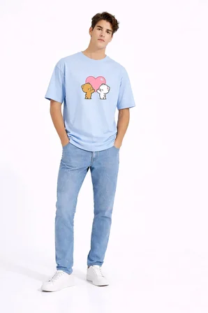 Sevgili Kombini Ayıcık Kalp Baskılı Çift Tişört Oversize Unisex Partner Kombin Seti