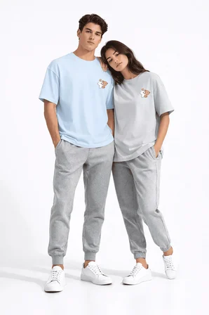 Sevgili Kombini Ayıcık Baskılı Çift Tişört Oversize Unisex Partner Kombin Seti