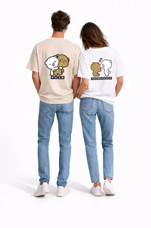 Sevgili Kombini Perfect Pair Ayıcık Baskılı Çift Tişört Oversize Unisex Partner Kombin Seti