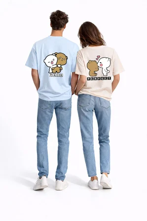 Sevgili Kombini Perfect Pair Ayıcık Baskılı Çift Tişört Oversize Unisex Partner Kombin Seti
