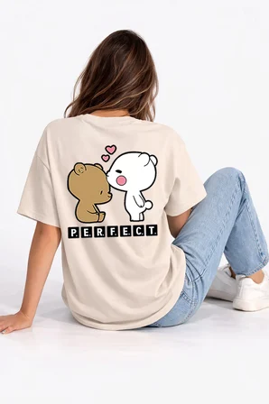 Sevgili Kombini Perfect Pair Ayıcık Baskılı Çift Tişört Oversize Unisex Partner Kombin Seti