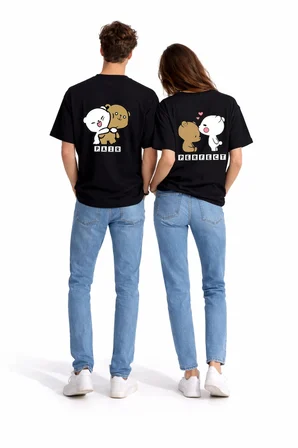 Sevgili Kombini Perfect Pair Ayıcık Baskılı Çift Tişört Oversize Unisex Partner Kombin Seti