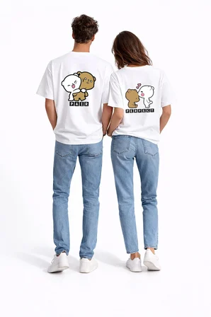 Sevgili Kombini Perfect Pair Ayıcık Baskılı Çift Tişört Oversize Unisex Partner Kombin Seti