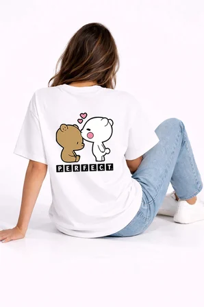 Sevgili Kombini Perfect Pair Ayıcık Baskılı Çift Tişört Oversize Unisex Partner Kombin Seti