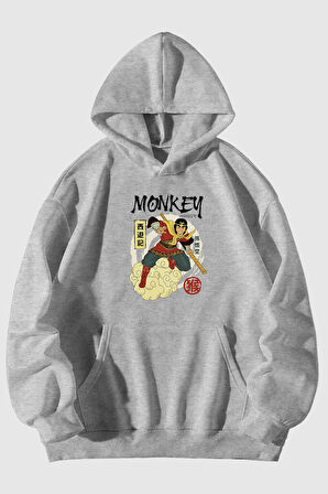 Monkey Baskılı Unisex Siyah Kanguru Cepli Kapüşonlu Sweatshirt Hoodie | XL