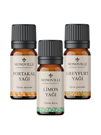 Limon Yağı 10 ml, Portakal Yağı 10 ml, Greyfurt Yağı 10 ml 3'lü Set %100 Saf ve Doğal 3x10 ml