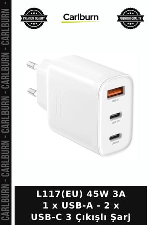 L117(EU) 45W 3A 1 x USB-A - 2 x USB-C 3 Çıkışlı Şarj Ev Elektroniği Seyahat Ürünü Akıllı Parça