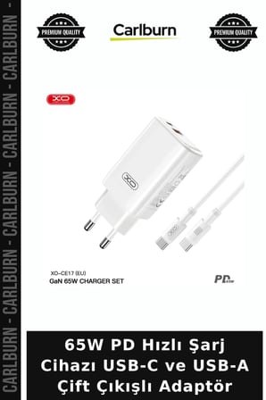 65W PD Hızlı Şarj Cihazı USB-C ve USB-A Çift Çıkışlı Adaptör Kablo Yedek Enerji