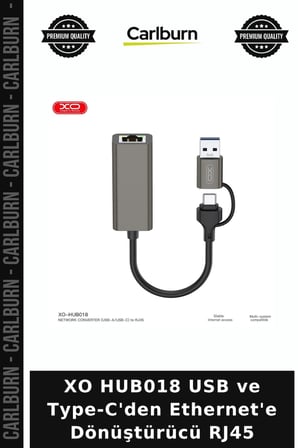 XO HUB018 USB ve Type-C'den Ethernet'e Dönüştürücü RJ45 Ofis Gereci Network Çevirici Masaüstü Ürünü
