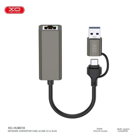 XO HUB018 USB ve Type-C'den Ethernet'e Dönüştürücü RJ45 Ofis Gereci Network Çevirici Masaüstü Ürünü