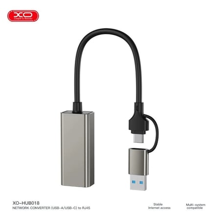 XO HUB018 USB ve Type-C'den Ethernet'e Dönüştürücü RJ45 Ofis Gereci Network Çevirici Masaüstü Ürünü