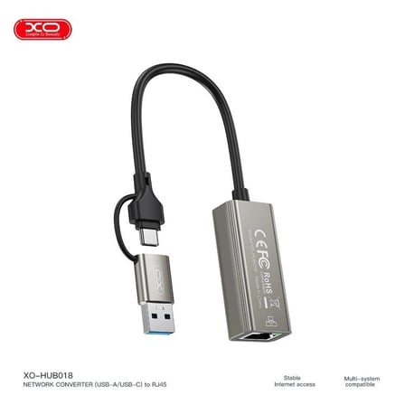 XO HUB018 USB ve Type-C'den Ethernet'e Dönüştürücü RJ45 Ofis Gereci Network Çevirici Masaüstü Ürünü