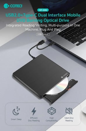 COTECi Çift Bağlantılı USB 2.0 Type-C Harici DVD RW Yazıcı Teknoloji Bağlantı