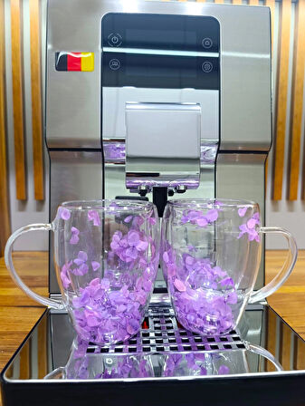 2 Adet Gerçekçi Çiçek Tasarım Çift Cidarlı Cam Kupa, Sıcak ve Soğuk İçecek Bardağı 350 ml