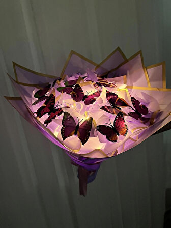 Led ışıklı kelebek buketi çiçek hediye mor renk