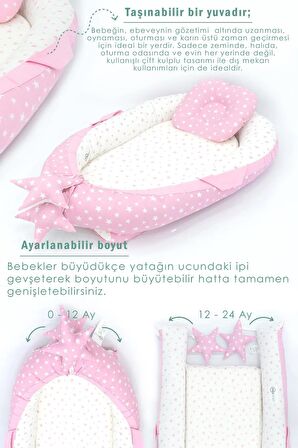 Babynest Ortopedik Bebek Yatağı, Anne Yanı Bebek Yatağı, Ergonomik Tasarım, Stars Serisi, Pembe