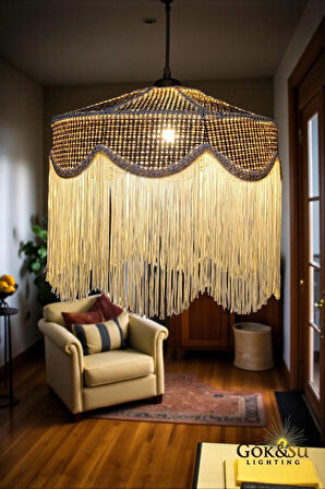 Rattan Melora Püsküllü Sarkıt Avize – El Yapımı Bohem Tarz, Doğal Işık Yansımasıyla Şık Tasarım