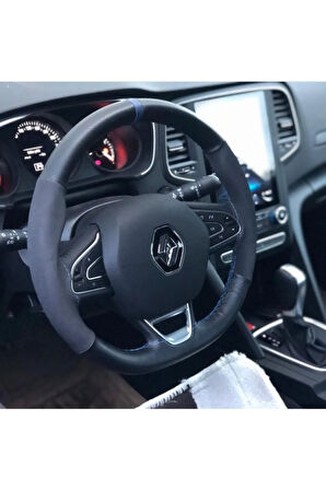 Renault Megane 4 Mavi Yüzüklü Alcantara Nubuk Deri Direksiyon Kılıfı