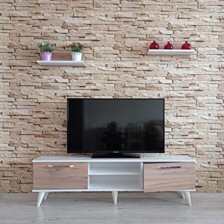 ( Ms 70 ) Mdf Tv Ünitesi Dolabı Raflı Beyaz-Ceviz