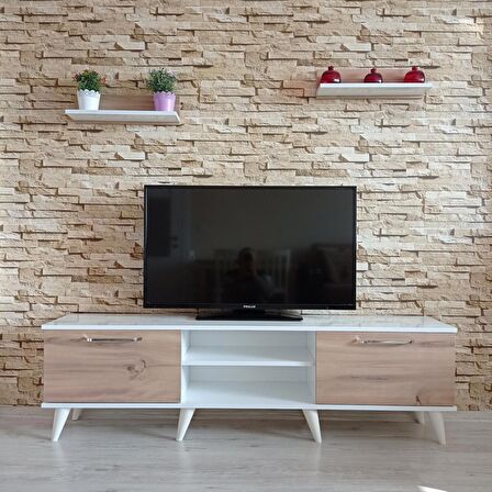 ( Ms 80 ) Mdf Tv Ünitesi Dolabı Raflı Beyaz Ceviz