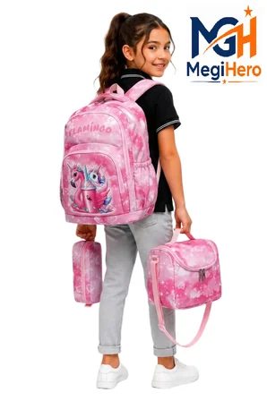 Pembe 3'lü Set Kız Çocuk İlk Okul Çantası Karakter Desenli Sırt ilkokul Çantası