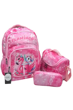 Pembe 3'lü Set Kız Çocuk İlk Okul Çantası Karakter Desenli Sırt ilkokul Çantası