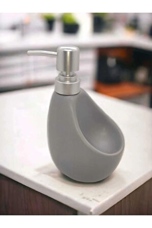Lüks Porselen Gri 500 ml Süngerli Banyo Mutfak Sıvı Sabunluk Bulaşık Deterjanlık Gümüş Kapak