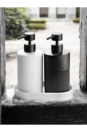 2li Lüks Stoneware Siyah Beyaz İskandinav Taş Mutfak Sıvı Sabunluk Standlı Bulaşık Deterjanlık