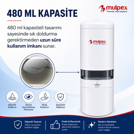 Mulpex 480 ml Beyaz Duvara Monte Sıvı Sabun Dispenseri | Premium Kalite ABS Gövde, Anahtarlı, Şık ve Güvenli