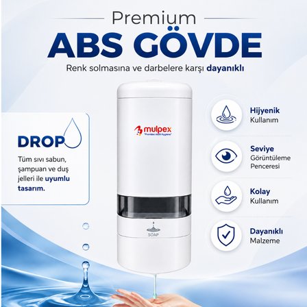 Mulpex 480 ml Beyaz Duvara Monte Sıvı Sabun Dispenseri | Premium Kalite ABS Gövde, Anahtarlı, Şık ve Güvenli