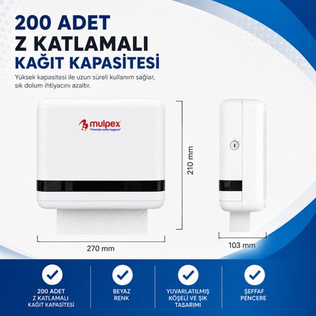 Mulpex Z Katlamalı Kağıt Havlu Dispenseri Beyaz 27×21 cm Vidalı ve Yapışkan Montaj