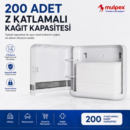 Mulpex Z Katlamalı Kağıt Havlu Dispenseri Beyaz 27×21 cm Vidalı ve Yapışkan Montaj