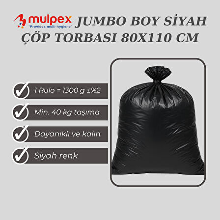 Mulpex Jumbo Boy Siyah Çöp Torbası 80x110 cm – 10 Rulo (13 kg ±%2) Dayanıklı ve Kalın, Ağır Hizmet Geri Dönüşüm